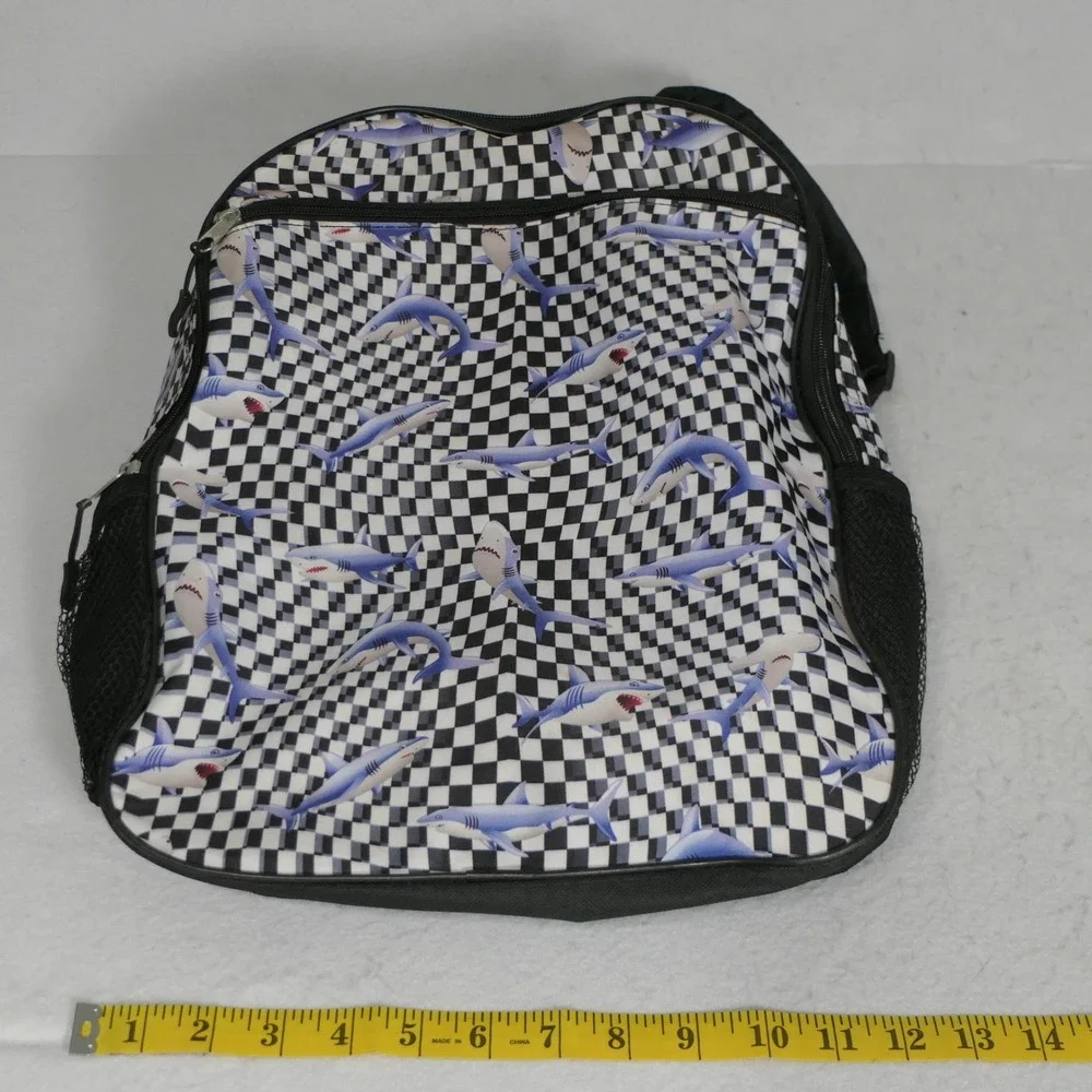 Kids Shark Backpack OS Black White Checkered Skater Streetwear Adventure Travel